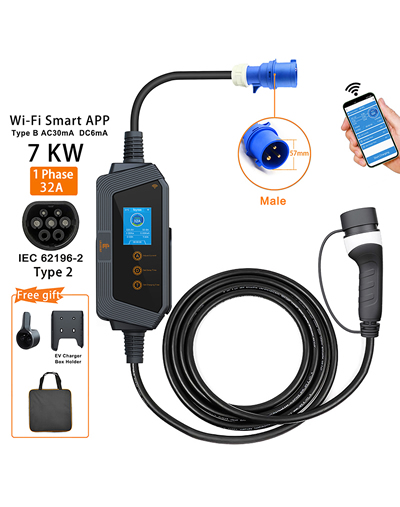 Portable EV charger Type2 32A 7KW Fast Charging for Electric Vehicle APP Wi-Fi Control by Setting Current & Charging time