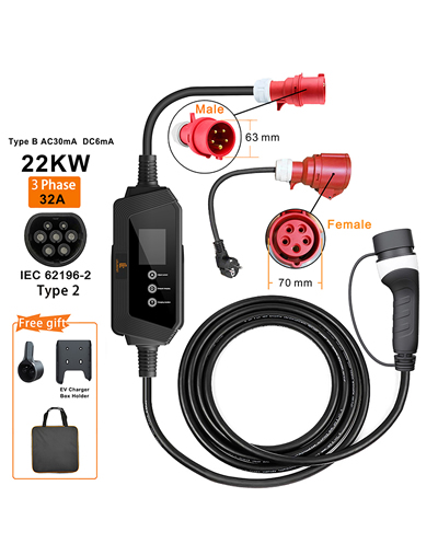 Type2 Portable EV Charger 22KW 32A 3Phase EV Charger EVSE Charging Box 5m Cable with Socket IEC62196-2 for Electric Car